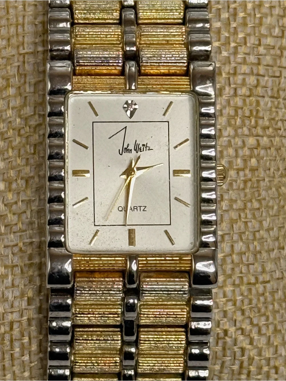 vintage John Weitz two-tone watch rectangular case textured expansion band.